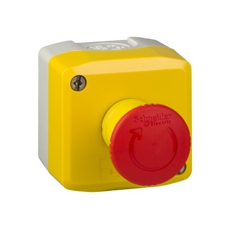 Harmony XALD XALK, Control station, plastic, yellow lid, 1 red mushroom push-button 40mm, turn to release, 1NC