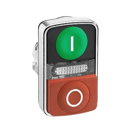 Harmony XB4, Illuminated double-headed push-button head, metal, Ø22, marked, 1 green flush I + 1 pilot light + 1 red projecting O