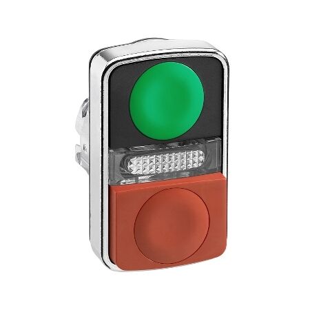 Harmony XB4, Illuminated double-headed push-button head, metal, Ø22, 1 green flush + 1 pilot light + 1 red projecting, unmarked