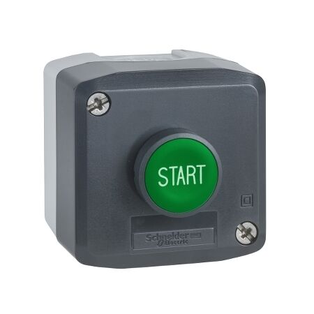Harmony XALD XALK, Control station, plastic, dark grey lid, 1 green flush push-button Ø22, spring return, marked START, 1 NO