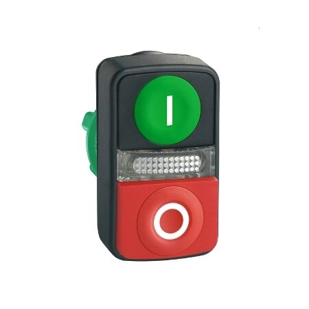 Harmony XB5, Illuminated double headed push-button head, plastic, Ø22, 1 green flush I + 1 pilot light + 1 red projecting O