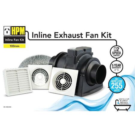 HPM 100mm 30W Square Inline Exhaust Fan Kit White