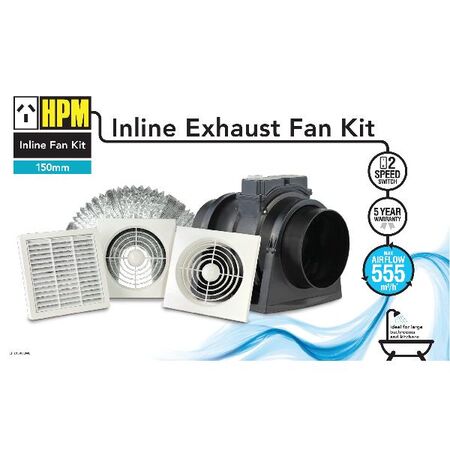 HPM 150mm 60W Square Inline Exhaust Fan Kit White