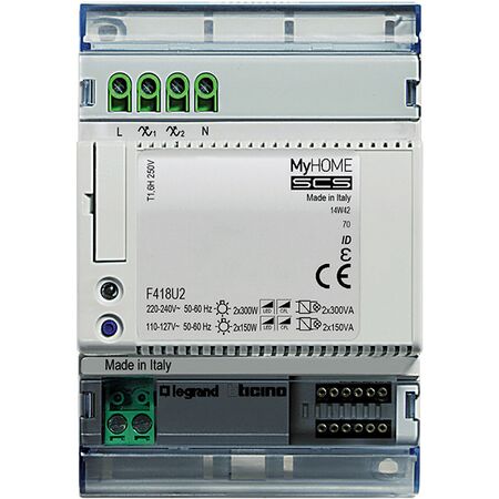 Arteor - MyHOME - DIN Controller for dimming - for LED, Compact Fluorescent Lamp (CFL), Incandescent, Halogen lamps and Electronic transformers - 2 outputs - 4 din modules 200w