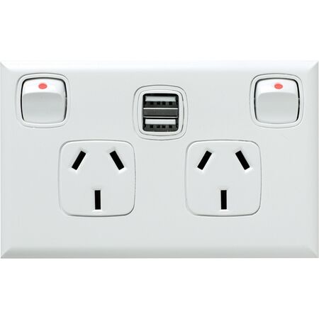 Excel - Horizontal double powerpoint with dual USB charger for plasterboard and single brick installations 2 gang 10A 240V a.c. 2x2.4A white