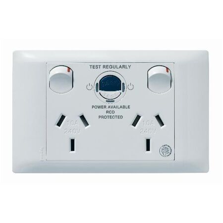 Excel Life - Medical - Common plate - Horizontal RCD protected double powerpoint - with power available & supplied LEDs - RCD protected engraved - antimicrobial & chemical resistant 2 gang 10A 240V a.c. RCD 10mA white