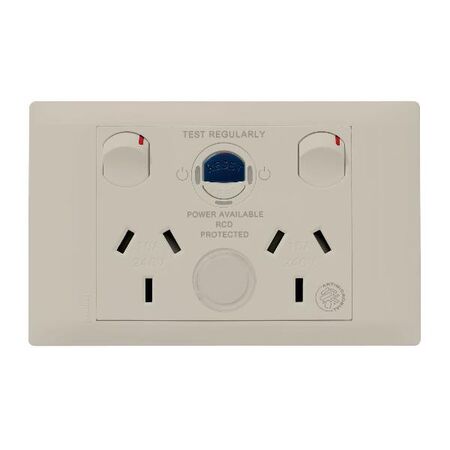 Excel Life - Medical - Common plate - Horizontal cleaners RCD protected double powerpoints - Cleaning purposes only engraved - antimicrobial & chemical resistant 2 gang 10A 240V a.c. RCD 10mA with circuit ID beige