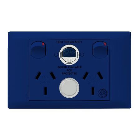 Excel Life - Medical - Common plate - Horizontal RCD protected double powerpoint - with power available & supplied LEDs - RCD protected engraved - antimicrobial & chemical resistant 2 gang 10A 240V a.c. RCD 10mA with circuit ID blue