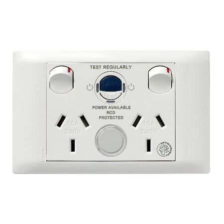 Excel Life - Medical - Common plate - Horizontal RCD protected double powerpoint - with power available & supplied LEDs - RCD protected engraved - antimicrobial & chemical resistant 2 gang 10A 240V a.c. RCD 10mA with circuit ID white