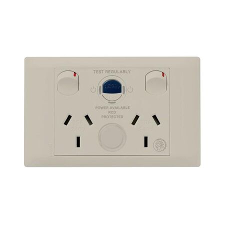 Excel Life - Medical - Common plate - Horizontal RCD protected double powerpoint - with power available & supplied LEDs - 'RCD protected' engraved - antimicrobial & chemical resistant 2 gang 10A 240V a.c. RCD 30mA beige