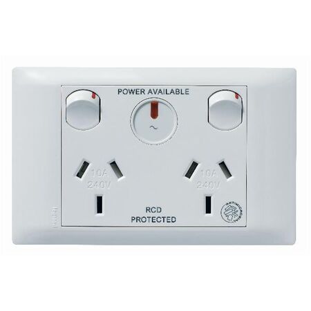 Excel Life - Medical - Common plate - Horizontal double powerpoint - RCD protected engraved - antimicrobial & chemical resistant 2 gang 10A 240V a.c. with LED power available white