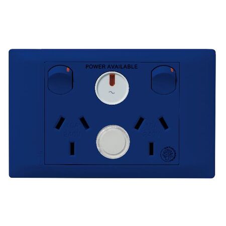 Excel Life - Medical - Common plate - Horizontal double powerpoint - RCD protected engraved - antimicrobial & chemical resistant 2 gang 10A 240V a.c. with LED power available & circuit ID blue