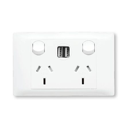 Excel Life - Common plate - Double Powerpoint 10A 230-240V a.c. with integrated USB charger 2.4A per output - White