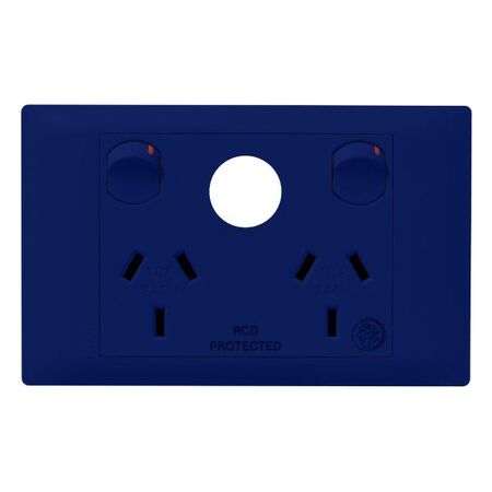 Excel Life - Medical - Common plate - Horizontal double powerpoint - RCD protected engraved - antimicrobial & chemical resistant 2 gang 10A 240V a.c. with extra function hole - Blue