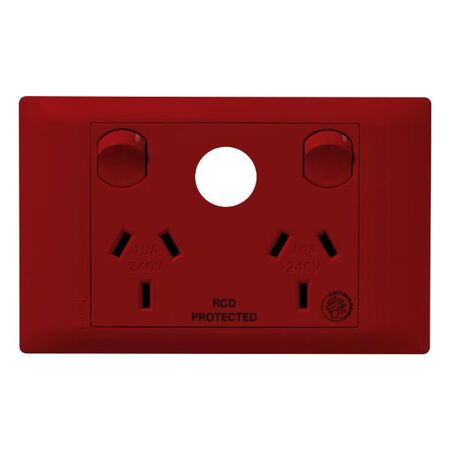 Excel Life - Medical - Common plate - Horizontal double powerpoint - RCD protected engraved - antimicrobial & chemical resistant 2 gang 10A 240V a.c. with extra function hole - Red