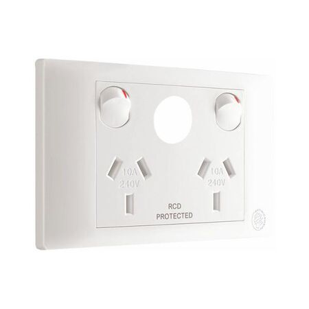 Excel Life - Medical - Common plate - Horizontal double powerpoint - RCD protected engraved - antimicrobial & chemical resistant 2 gang 10A 240V a.c. with extra function hole white