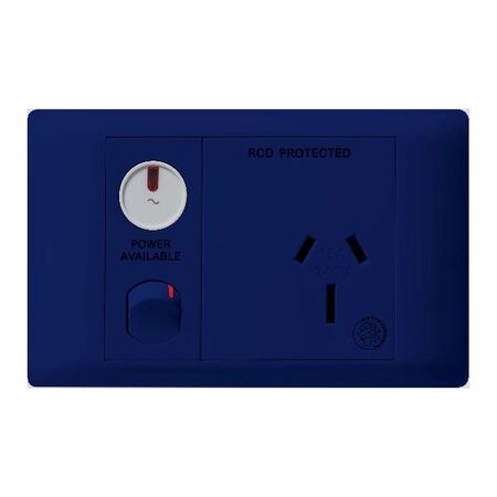 Excel Life - Medical - Common plate - Horizontal single powerpoint - RCD protected engraved - antimicrobial & chemical resistant 1 gang 15A 240V a.c. with LED power available blue