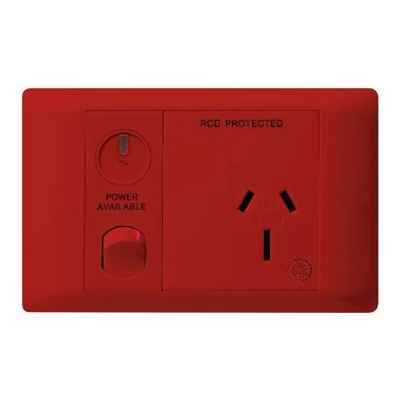 Excel Life - Medical - Common plate - Horizontal single powerpoint - RCD protected engraved - antimicrobial & chemical resistant 1 gang 15A 240V a.c. with LED power available red