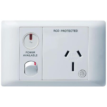 Excel Life - Medical - Common plate - Horizontal single powerpoint - RCD protected engraved - antimicrobial & chemical resistant 1 gang 15A 240V a.c. with LED power available white