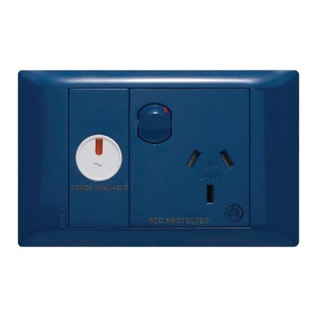 Excel Life - Medical - Common plate - Horizontal single powerpoint - RCD protected engraved - antimicrobial & chemical resistant 1 gang 10A 240V a.c. blue