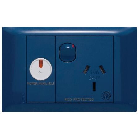 Excel Life - Medical - Common plate - Horizontal single powerpoint - RCD protected engraved - antimicrobial & chemical resistant 1 gang 10A 240V a.c. with LED power available blue