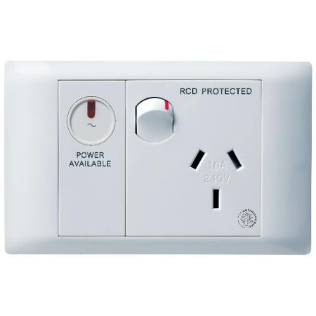 Excel Life - Medical - Common plate - Horizontal single powerpoint - RCD protected engraved - antimicrobial & chemical resistant 1 gang 10A 240V a.c. with LED power available white
