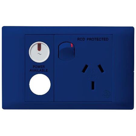 Excel Life - Medical - Common plate - Horizontal single powerpoint - RCD protected engraved - antimicrobial & chemical resistant 1 gang 10A 240V a.c. with LED power available & circuit ID blue