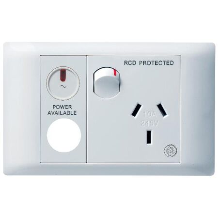 Excel Life - Medical - Common plate - Horizontal single powerpoint - RCD protected engraved - antimicrobial & chemical resistant 1 gang 10A 240V a.c. with LED power available & circuit ID white