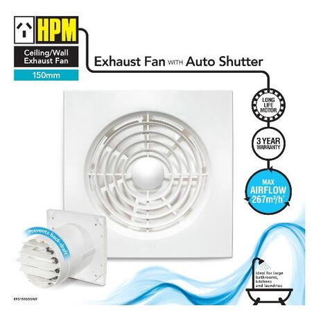 HPM Slimline Exhaust Fan with Auto Shutters 150mm White