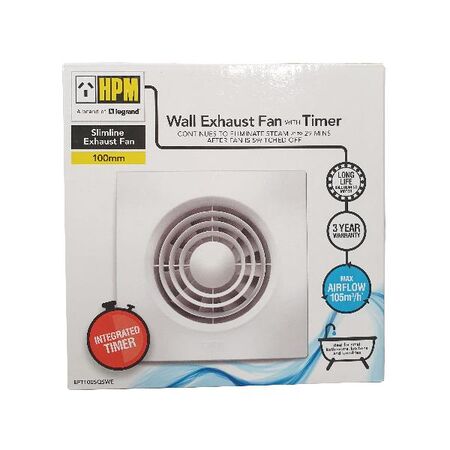 HPM Slimline 100mm Wall Exhaust Fan with Timer White