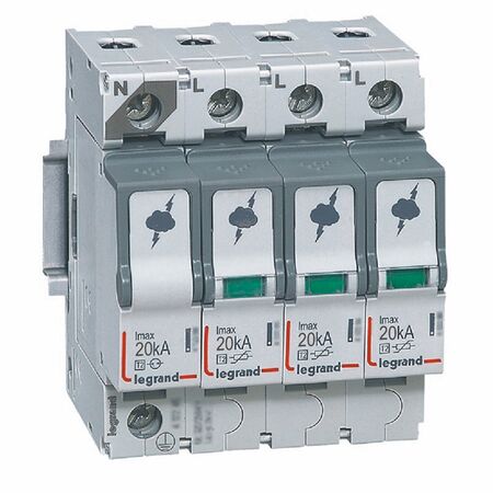 Surge protection device of sub distribution boards T2 - Imax: 20kA/pole Up:2.1kv Uc: 440V a.c. 3P+N without remote status monitoring - 4 module