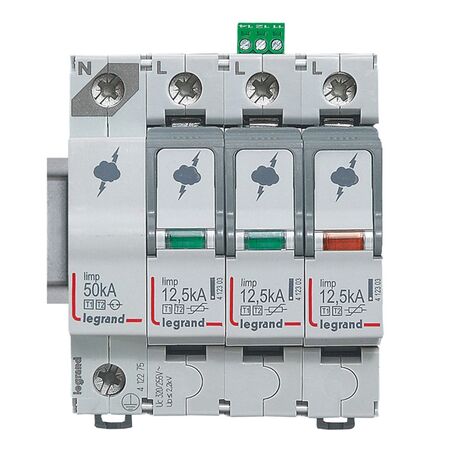 Surge protection device of main distribution boards T1+T2 - Imax: 60kA/pole Up: 1.5kv Uc: 320V a.c. 3P+N with remote status monitoring - 4 module