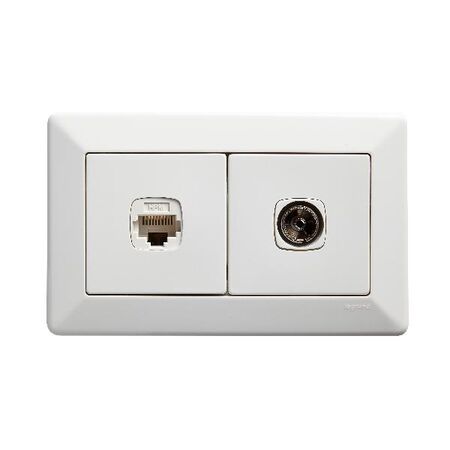 Como - Horizontal combined outlets A/V socket 2 gang Pal to F type & RJ45 Cat6 white