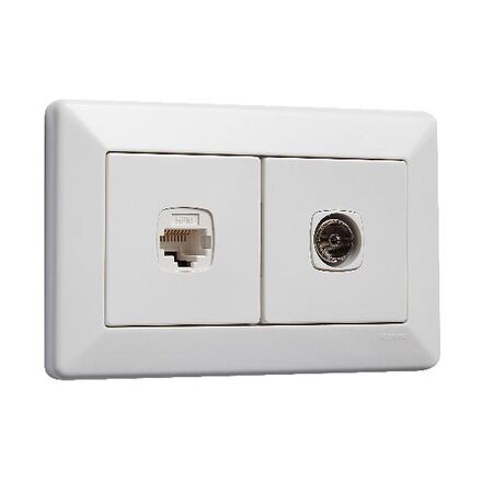 Como - Horizontal combined outlets A/V socket 2 gang Pal to F type & RJ45 Cat6 white