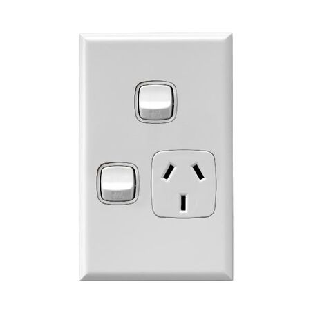 Excel - Vertical single powerpoint 1 gang 10A 240V a.c. with extra switch & safety shutters white