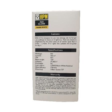 HPM A60 8W 945lm LED Edison Globe Warm White