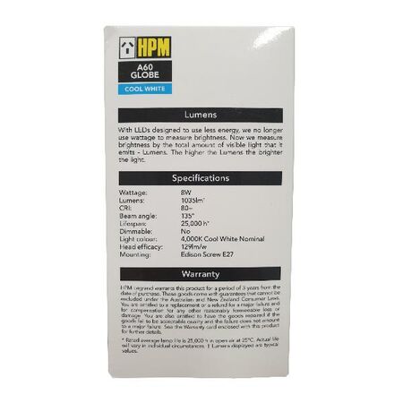 HPM A60 8W 1035lm LED Edison Globe Cool White