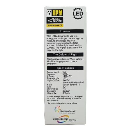 HPM Candle 5W 560lm LED Edison Globe Warm White