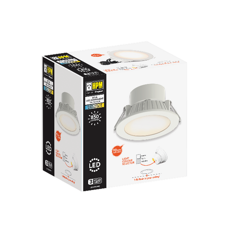 HPM Tri-Colour 7W LED Flush Mounted Dimmable Downlight with Integrated Driver White 90mm
