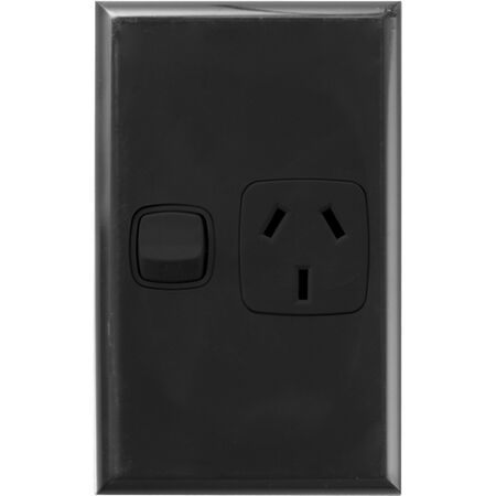 Excel - Vertical single powerpoint 1 gang 10A 240V a.c. with safety shutters black