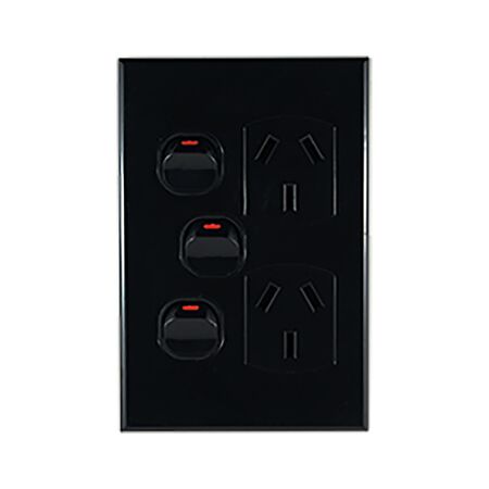 Double Power Point with Extra Switch – VERTICAL BLACK