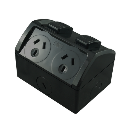 Weatherproof GPO Double 10A – Integrated Connection Black