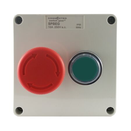 Push Button Control Box IP55 Emergency Stop + Green 240V AC 3A Utilisation Cat AC15 1NC+1NO