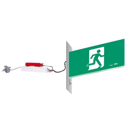 E3 LED Exit Sign - Recessed with remote gear and lithium battery - Stainless steel wall plate on the left - Single Sided - Running man straight - Galaxy