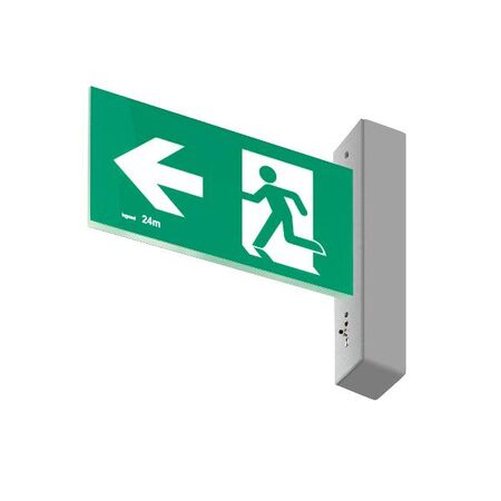 E3 LED Exit Sign - Surface with gear and lithium battery - Stainless steel wall plate on the right - Single Sided - Running man left - Galaxy