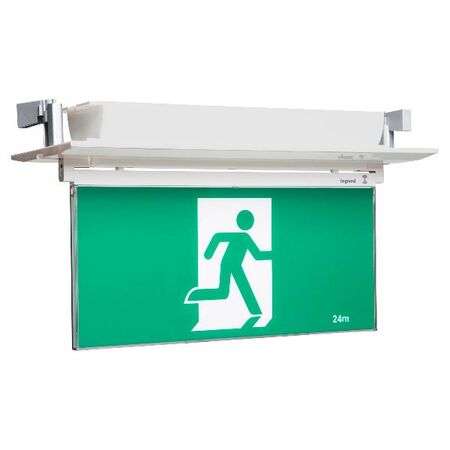 E2 LED Exit Sign complete with running man decals - white finish with lithium battery - Axiom