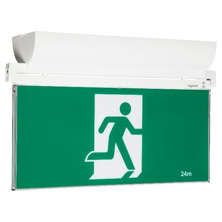 E2 LED Exit Sign complete with running man decals - white finish with lithium battery