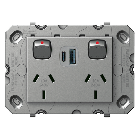 Arteor Double Powerpoint with Type A+C 15W USB Charger Mechanism Magnesium