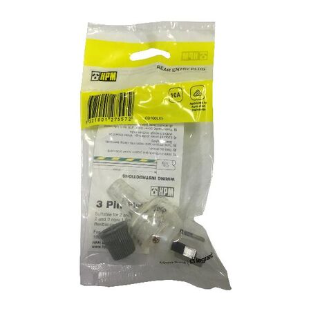 HPM 10A 3 Pin Plug Top with Cord Locking Nut Clear
