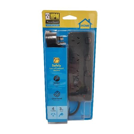 HPM General Purpose 175J 4 Outlet Surge Protected Switched Powerboard Charcoal
